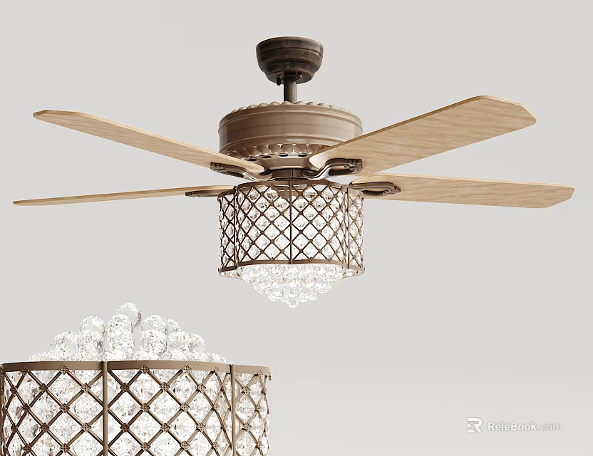 Modern Ceiling Fan With Wooden Blades Metal Frame Latticed Lampshade And Crystal Accents 3d model 