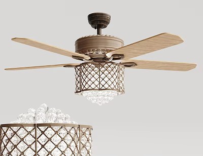 Modern Ceiling Fan With Wooden Blades Metal Frame Latticed Lampshade And Crystal Accents 3d model