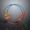 Outdoor Chairs With Circular Blue And Red Frame And Colorful Striped Seats