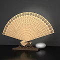 Wooden Fan Shaped Decorative Ornament Set With Carved Patterns Stand And White Spherical Accents
