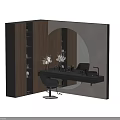 Modern Dressing Table Interior With Wooden Cabinet Round Backlit Mirror Black Countertop And Gray Chair