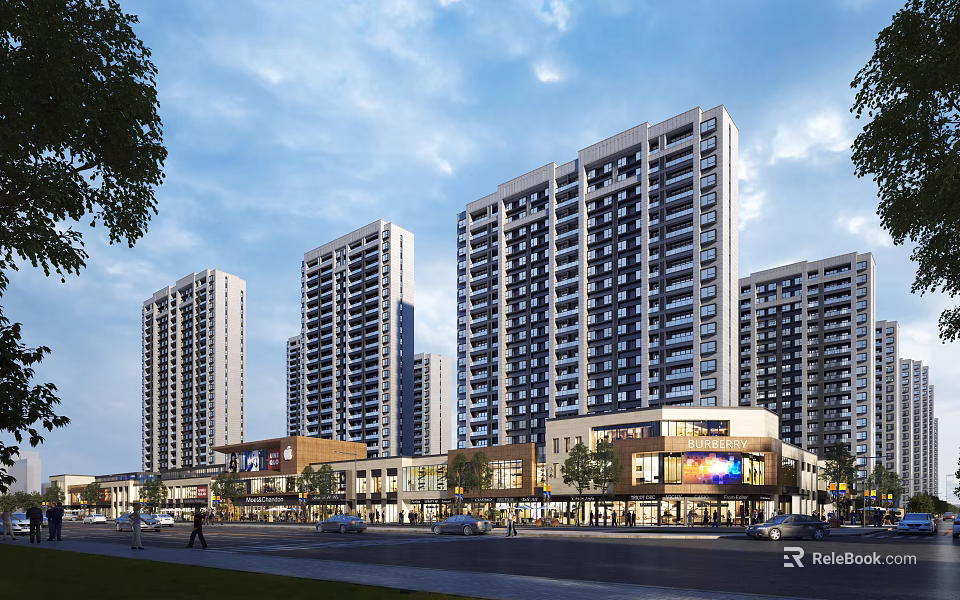 Modern Commercial Street With High Rise Buildings Retail Stores And Urban Landscape 3d model 