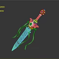 Ornate Decorative Sword With Blue Blade Intricate Carvings Pink Hilt Golden Accents And Blue Gemstones