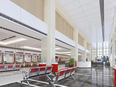 Bank Lobby Interior With Red Seating Benches Service Counters Marble Flooring And Large Windows 3d model