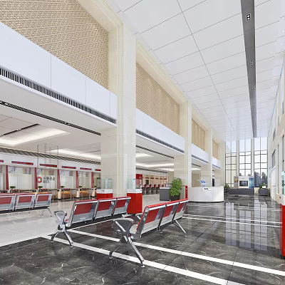 Bank Lobby Interior With Red Seating Benches Service Counters Marble Flooring And Large Windows 3d model