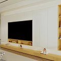 Modern TV Cabinet Design With White Wall Wooden Top Embedded TV And Storage Shelves