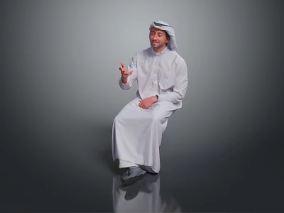 Man Sitting And Smiling In White Traditional Clothing With Headscarf Gesturing Against Gray Background 3d model