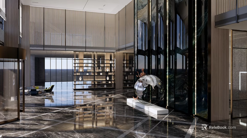 Modern Hotel Lobby Interior With Marble Floor Bookshelves And Glass Curtain Wall 3d model 