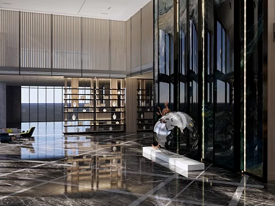 Modern Hotel Lobby Interior With Marble Floor Bookshelves And Glass Curtain Wall 3d model