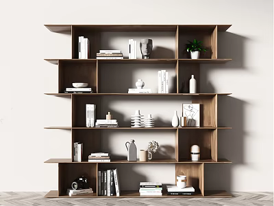 Modern Wooden Bookcase With Multiple Shelves Books Decorative Items Green Plant And Ornaments 3d model