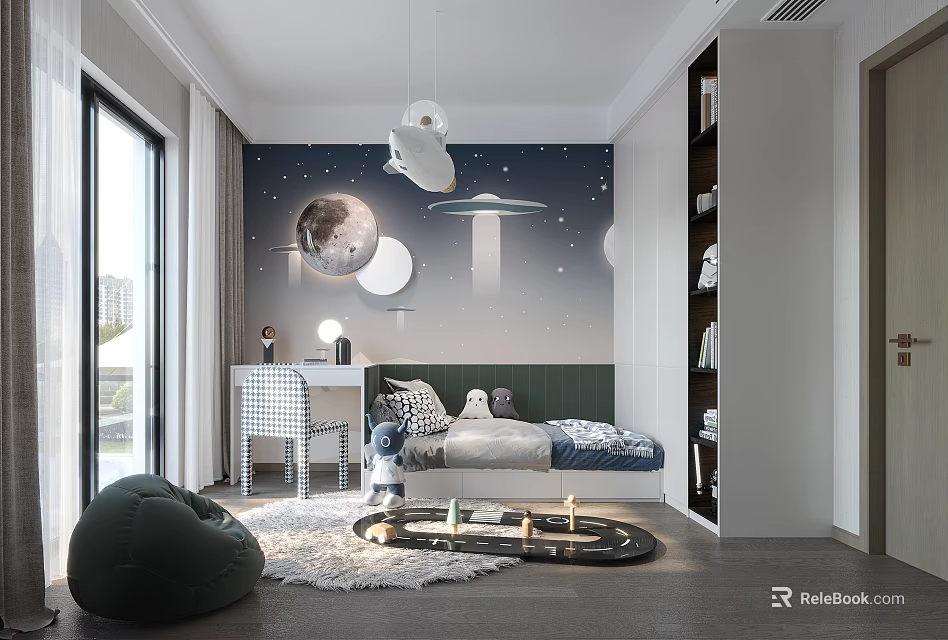 Starry Themed Kids Room With Moon Planet Decor Bed Desk And Bean Bag Chair 3d model 