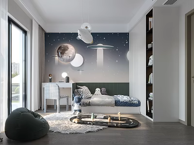 Starry Themed Kids Room With Moon Planet Decor Bed Desk And Bean Bag Chair 3d model