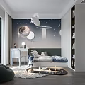Starry Themed Kids Room With Moon Planet Decor Bed Desk And Bean Bag Chair