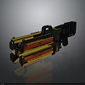 Yellow Multi Barrel Weapon With Red Stripes Black Grip And Modern Mechanical Design 3d model