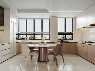 Open Kitchen Dining Table and Chair Cabinet Gas Stove Kitchen Appliances Range Hood Sink Faucet 3d model