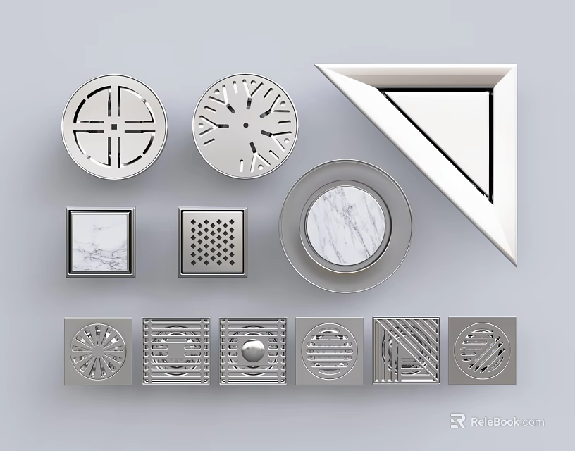 Modern Bathroom Accessories Floor Drains With Various Shapes Marble Texture And Designs 3d model 