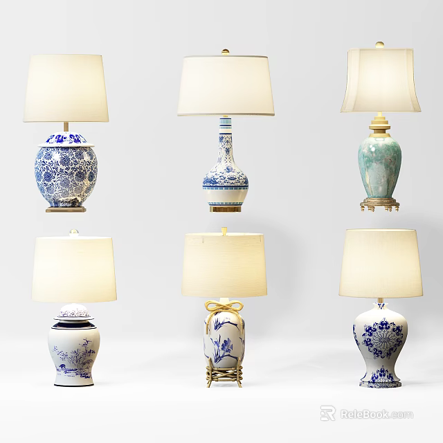 Various Ceramic Table Lamps With Blue White Patterns And Decorative Bases 3d model