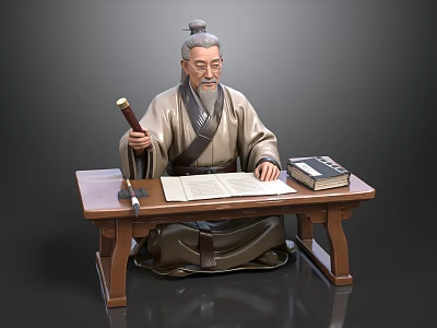 Man in traditional clothing sitting at wooden table holding scroll with books and paper 3d model