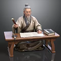 Man in traditional clothing sitting at wooden table holding scroll with books and paper