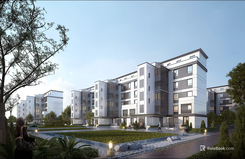 Modern Multi Storey Residential Building With White Exterior Wall Windows Green Lawn And Trees 3d model 