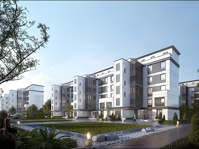 Modern Multi Storey Residential Building With White Exterior Wall Windows Green Lawn And Trees 3d model