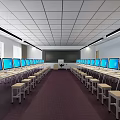 School Modern Classroom Featuring Rows of Computers Student Desks and Blackboard Setup 3d model