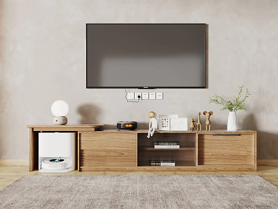 Natural Wooden TV Stand in Living Room With Decorations Lamp Vase and Figurines 3d model