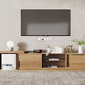 Natural Wooden TV Stand in Living Room With Decorations Lamp Vase and Figurines