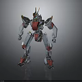 Mechanical Robot Character With Gray Red Armor And Yellow Horns Standing Pose