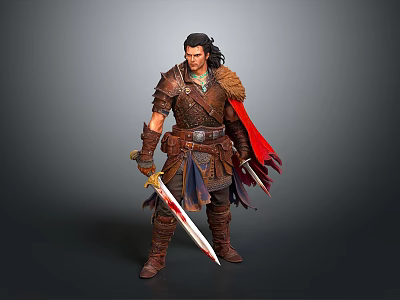 Medieval Warrior Man in Brown Leather Armor with Red Cape Holding Swords 3d model