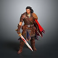 Medieval Warrior Man in Brown Leather Armor with Red Cape Holding Swords