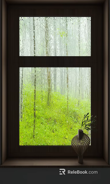 Elegant Casement Window With Clear Glass Showing Lush Green Forest Landscape Outside 3d model 
