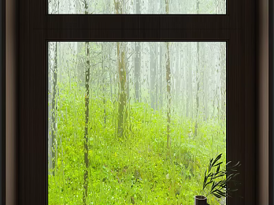 Elegant Casement Window With Clear Glass Showing Lush Green Forest Landscape Outside 3d model
