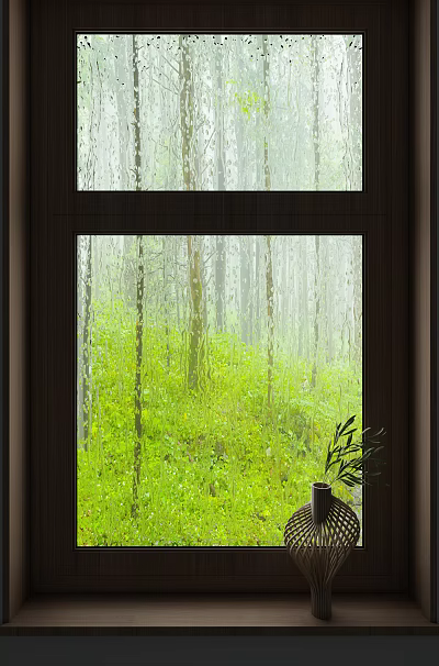 Elegant Casement Window With Clear Glass Showing Lush Green Forest Landscape Outside 3d model
