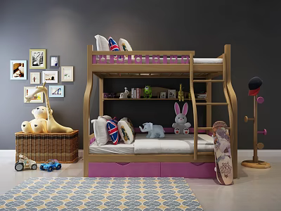 Wooden Bunk Bed In Children's Room With Stuffed Toys Wall Photos And Carpet 3d model