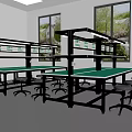 Bright Workshop With Green Countertop Workbenches Metal Frames And Swivel Chairs