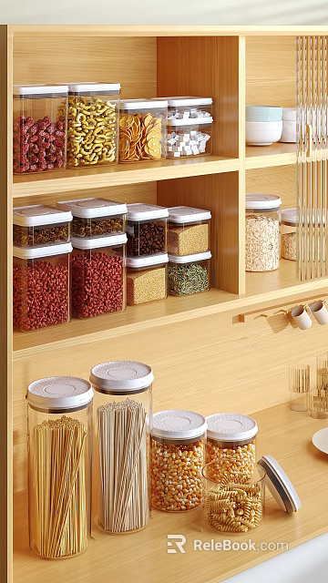 Wooden Kitchen Cabinets Featuring Glass Jars With White Lids For Grains Storage 3d model 