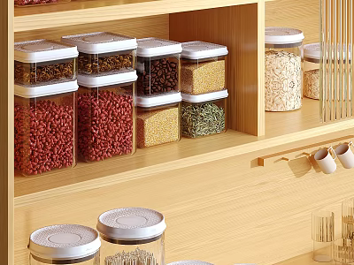 Wooden Kitchen Cabinets Featuring Glass Jars With White Lids For Grains Storage 3d model