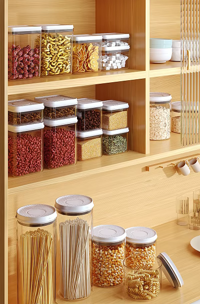 Wooden Kitchen Cabinets Featuring Glass Jars With White Lids For Grains Storage 3d model