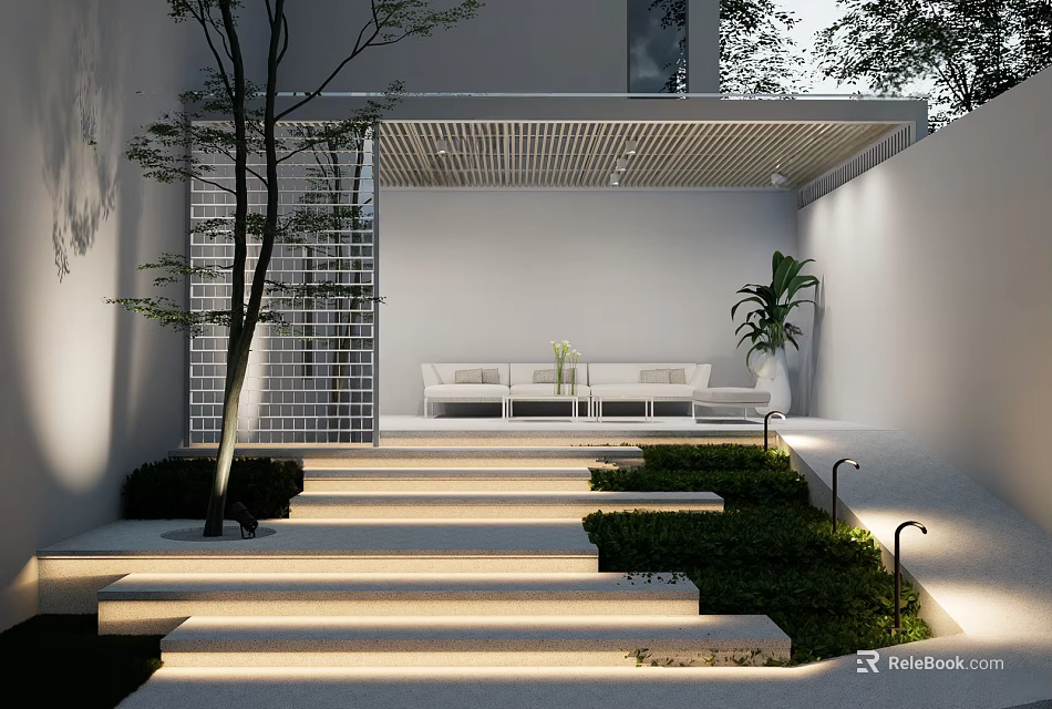Modern Outdoor Courtyard Garden With Lattice Roof Seating Steps And Green Plants 3d model 