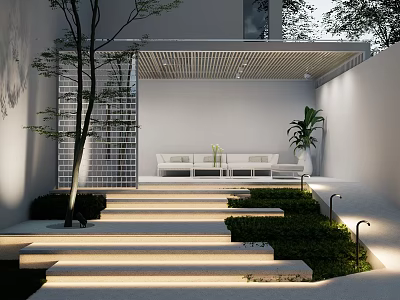 Modern Outdoor Courtyard Garden With Lattice Roof Seating Steps And Green Plants 3d model