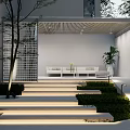 Modern Outdoor Courtyard Garden With Lattice Roof Seating Steps And Green Plants