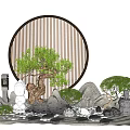 Karesansui Garden Design Featuring Circular Lattice Screen Potted Tree Stones And Sand