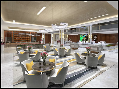 Modern Sales Office Interior With Spacious Layout Wooden Decor Grey Yellow Chairs And Pendant Lights 3d model
