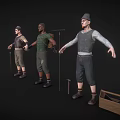Three Male Worker Characters In Different Outfits With Tools And Wooden Box