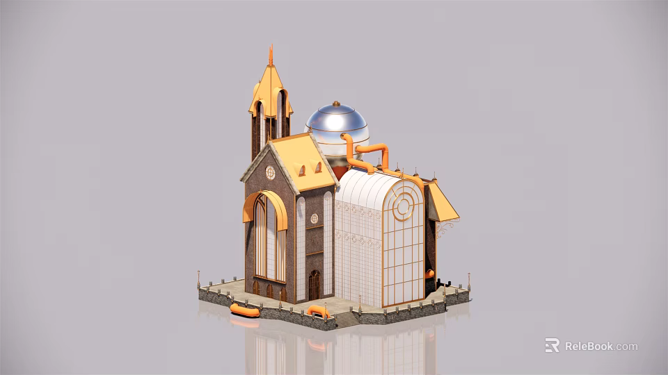 European Architecture 3D Model Featuring Spire Dome Tower And Arched Windows 3d model