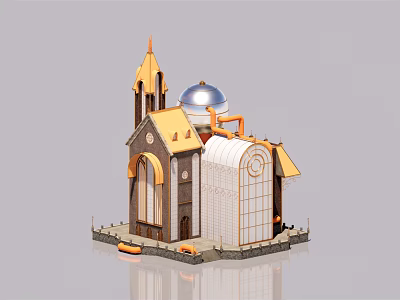 European Architecture 3D Model Featuring Spire Dome Tower And Arched Windows 3d model