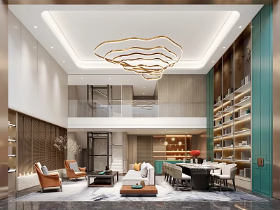 Modern Living and Dining Room Interior With Golden Wave Chandelier White Sofa And Bookshelves 3d model