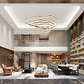 Modern Living and Dining Room Interior With Golden Wave Chandelier White Sofa And Bookshelves