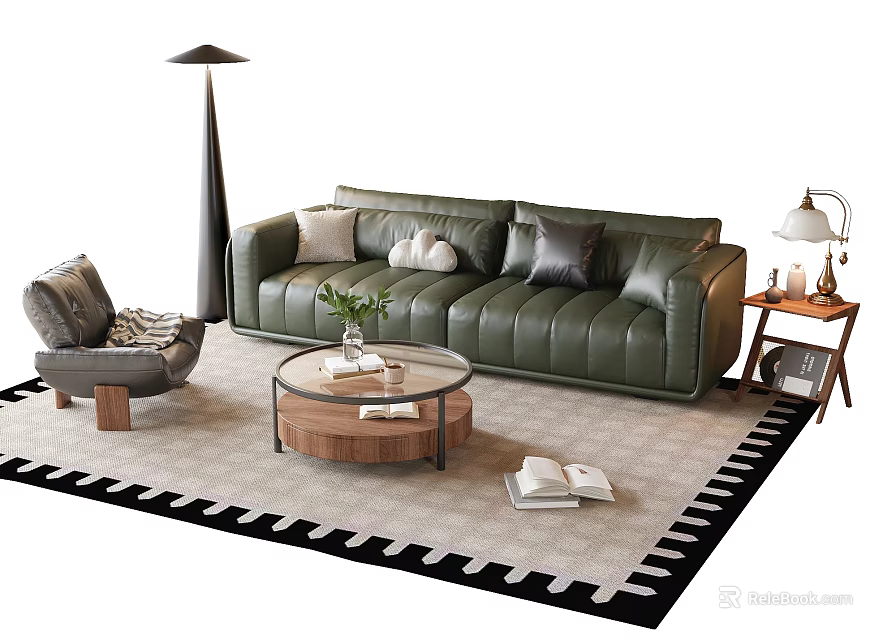 Sofa and Coffee Table Set Including Green Leather Sofa Round Wooden Table Accent Pillows Geometric Rug 3d model 